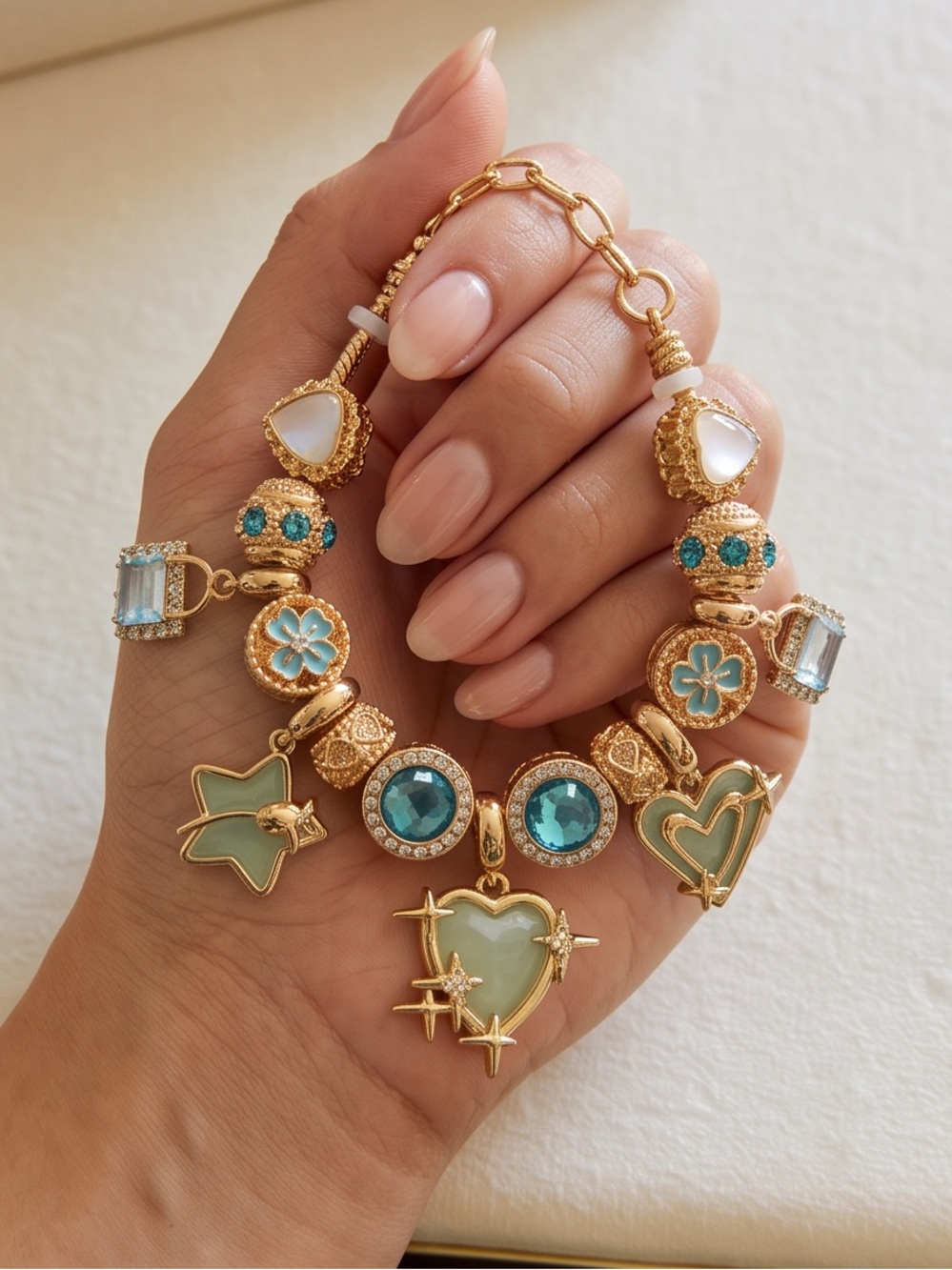 Gold Celestial & Sea Glass Charm Bracelet – Adjustable (6 to 8 Inches)